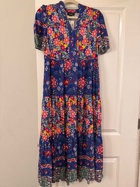 GiGiO Blue Floral V-Neck Tiered Midi Dress